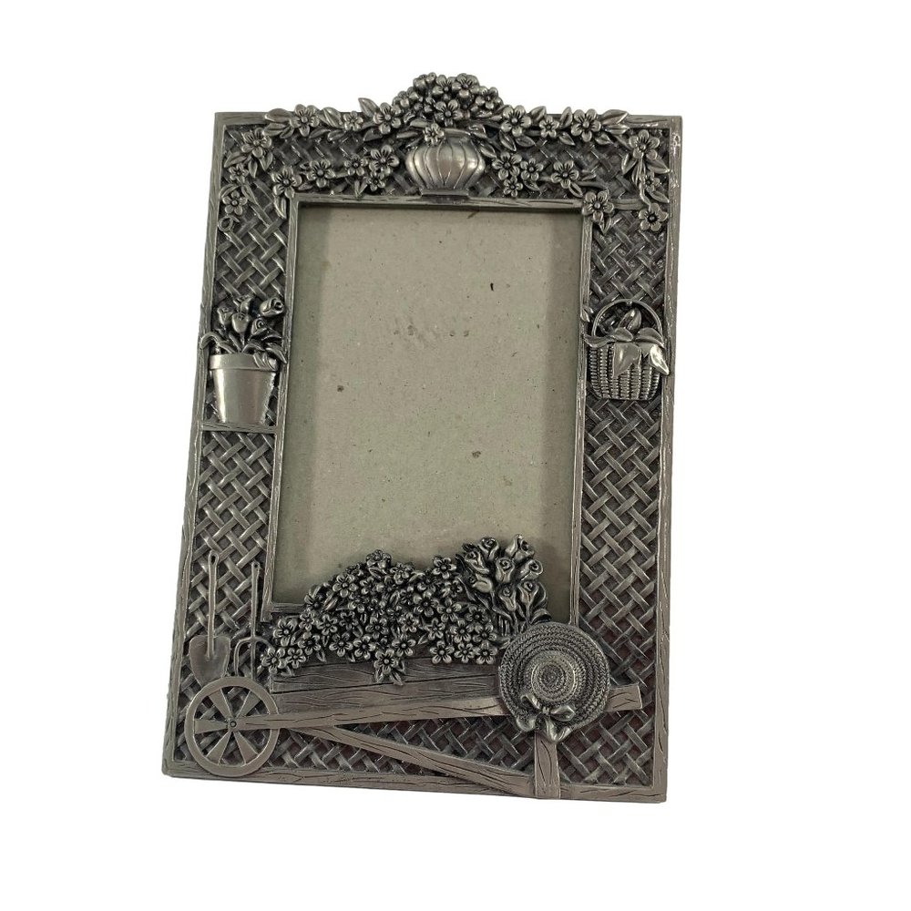 Pewter Tabletop Frame Garden Wheelbarrow Flowers Lattice Cottage Core 9"X6"